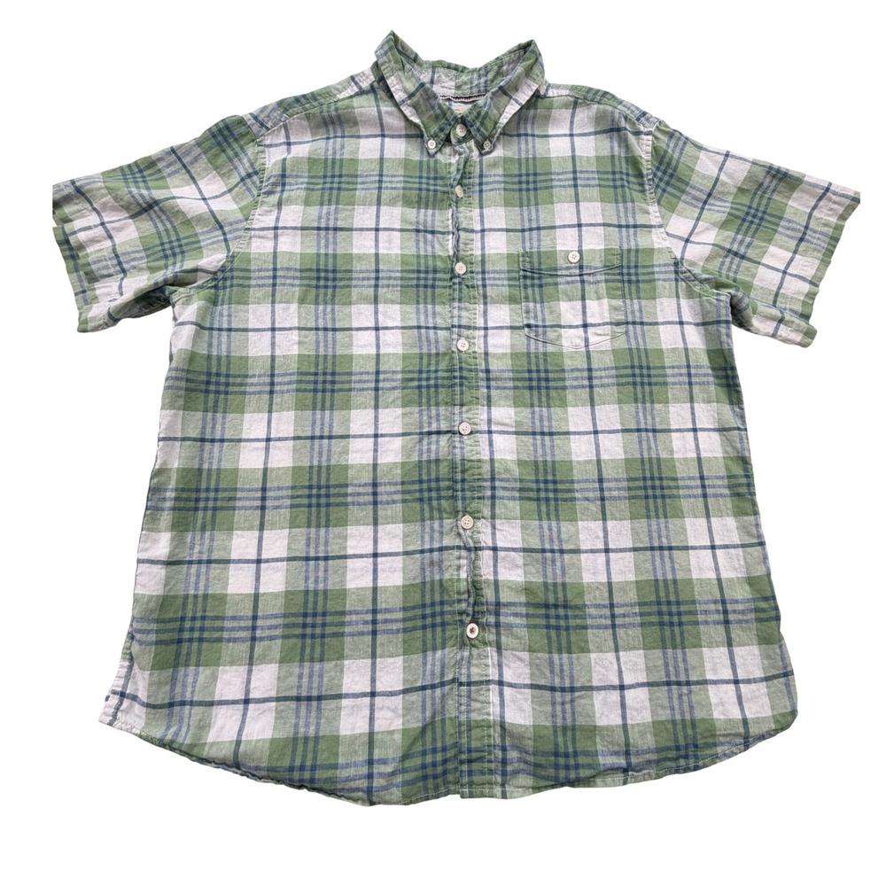 Weatherproof Vintage Washable Linen Plaid‎ Short Sleeve Shirt Men XXL Green